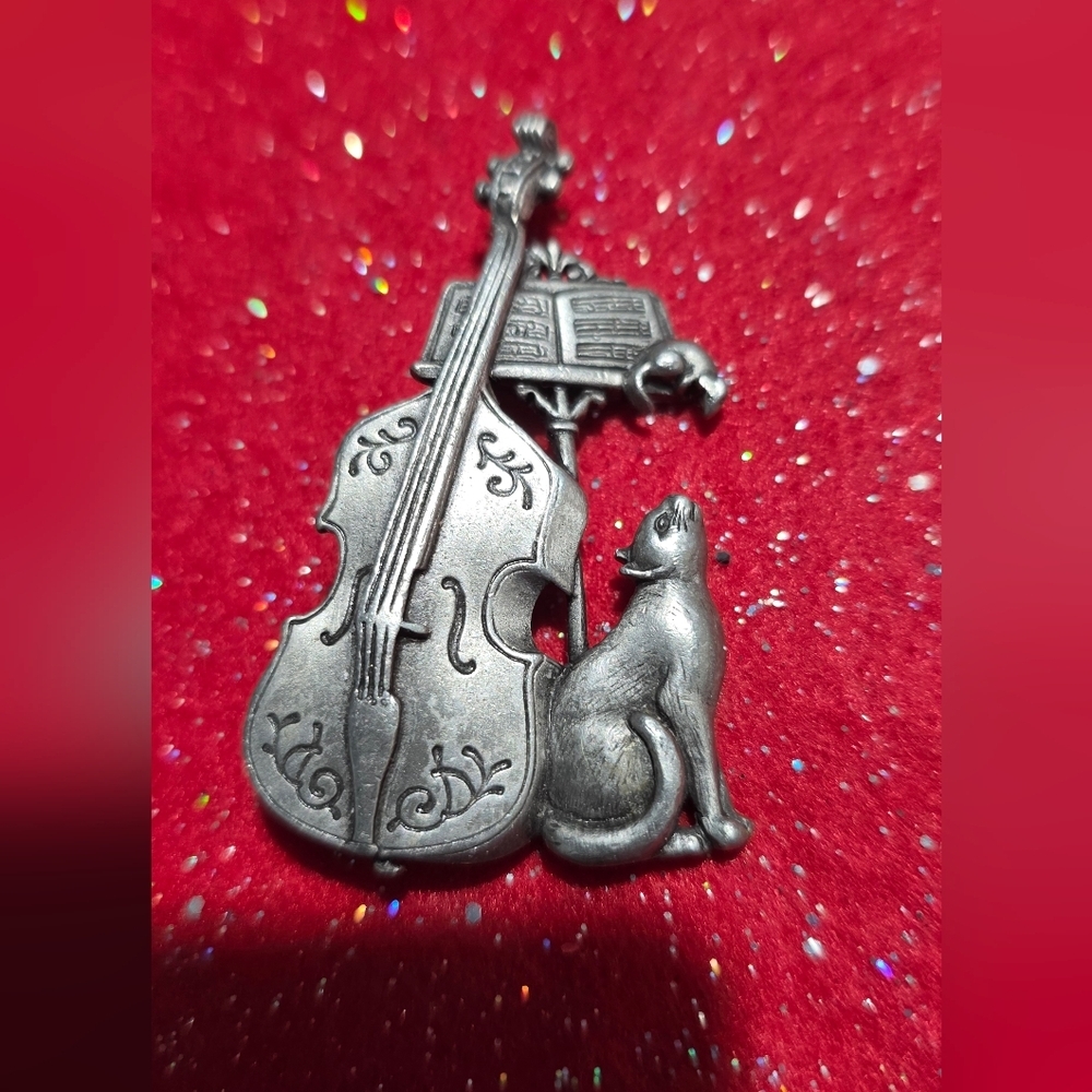 Silver Cat and Violin Brooch